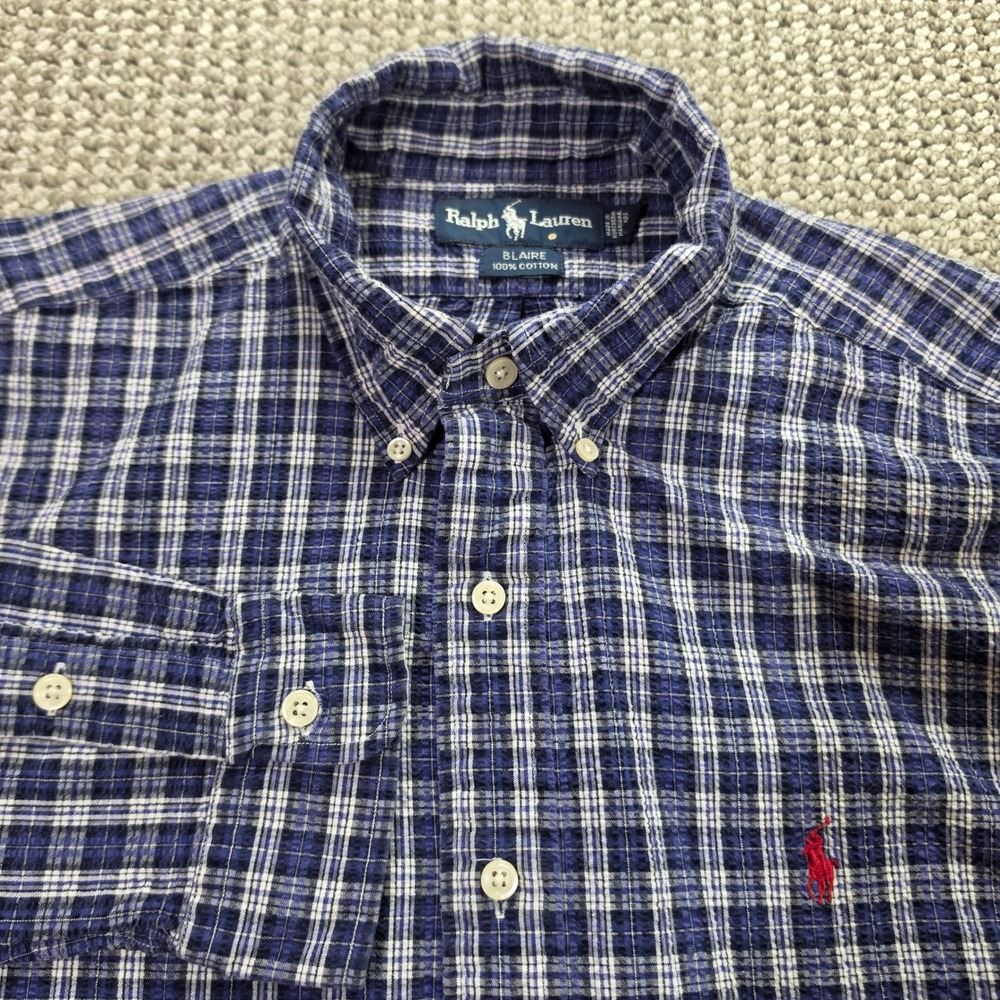 Vtg Ralph Lauren Blaire Shirt Mens Large Plaid Button Down Blue White Seersucker